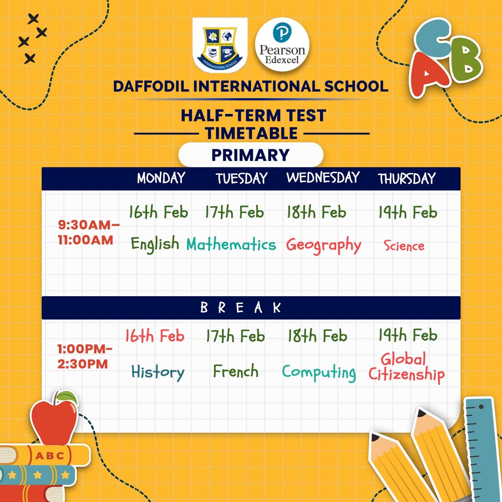 Half Term Test Timetable for Primary